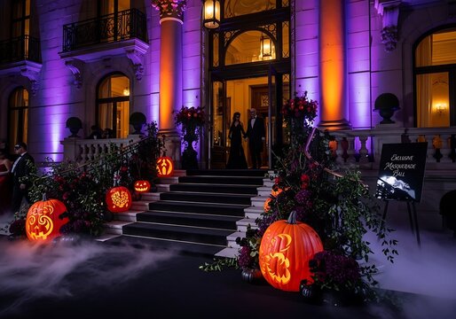 Enchanting Halloween masquerade ambiance featuring illuminated pumpkins, elegant decor, and guests in formal attire, ideal for event promotions and festive themes.