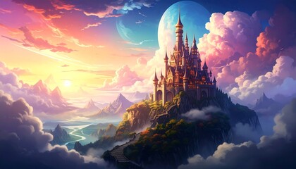Fantasy castle on a mountaintop in clouds