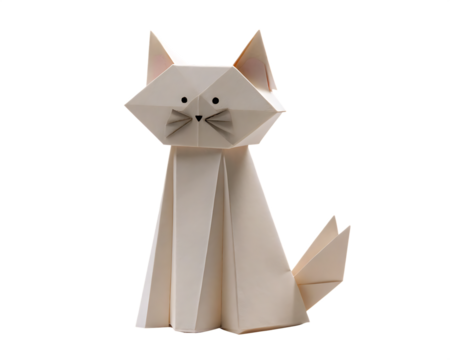 whimsical origami cat figure standing upright isolated on white background, png, ai generated.