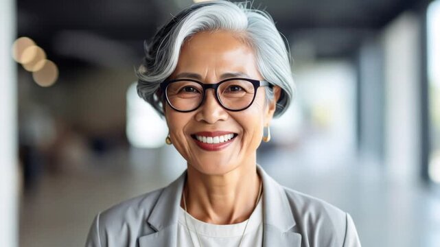 A smiling Asian woman with silver hair, wearing glasses and a blazer, against a blurred office backdrop