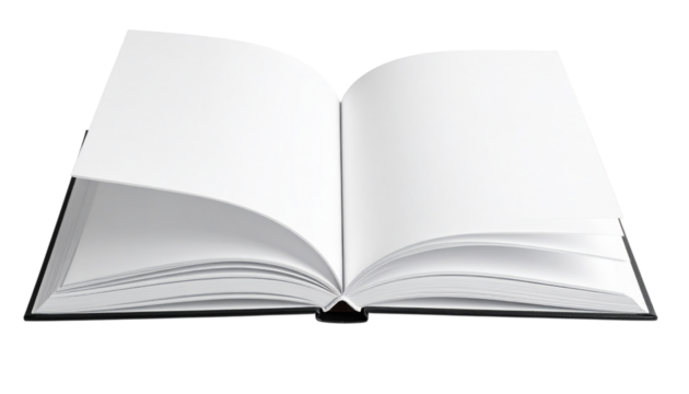 Open book with blank pages for writing, reading, and education on transparent background