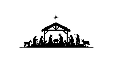 Fototapeta premium Silhouette Nativity Scene Displaying the Birth of Jesus Christ With Animals and the Guiding Star, Representing the Joyful Celebration