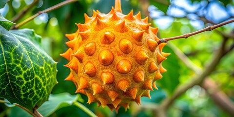 Closeup of a ripe kiwano fruit, also known as horned melon or african cucumber, hanging on a tree branch with green leaves in a tropical garden