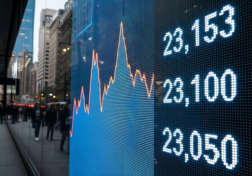 Digital stock market ticker displays fluctuating financial data with a rising trend line on a city street