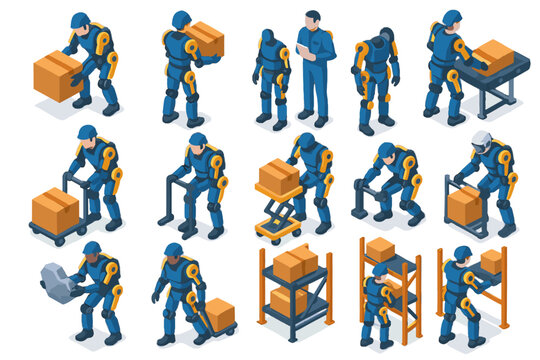 Warehouse icon technician vector dock zone exosuit worker suit robotic support lift