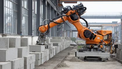 A robotic arm actively places concrete blocks in a structured arrangement on a construction site, showcasing modern automation technology