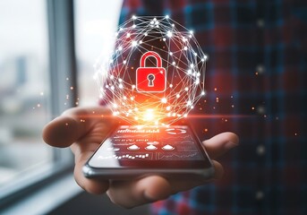 Hand holding smartphone displaying digital network connection with a red padlock and data graphs