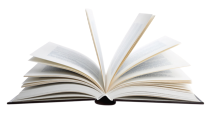 Open book with turning pages, knowledge and learning concept on transparent background