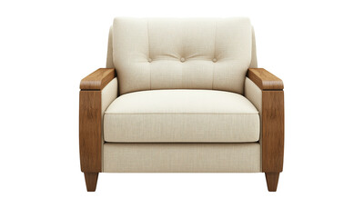 Stylish armchair with a light fabric upholstery and wooden accents, featuring tufted detailing and wide armrests for comfort.