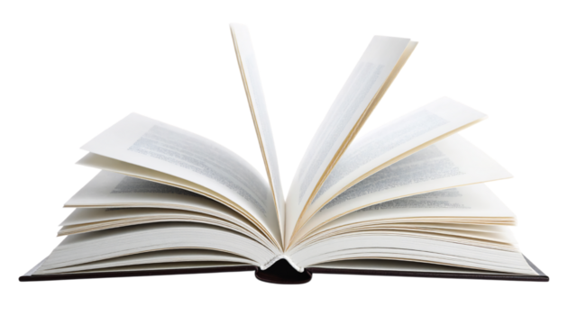 Open book with turning pages, knowledge and learning concept on transparent background