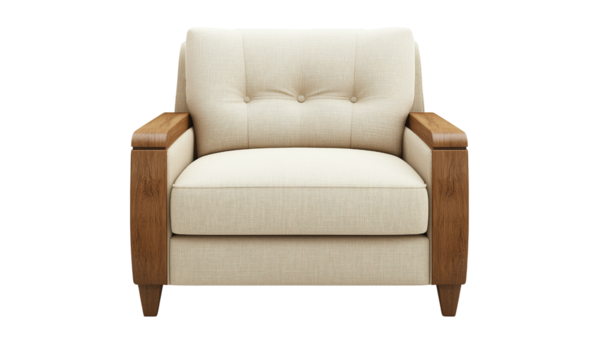 Stylish armchair with a light fabric upholstery and wooden accents, featuring tufted detailing and wide armrests for comfort.