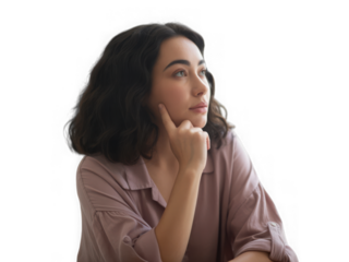 Young woman pondering with hand on chin against dark background