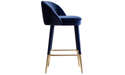 Stylish blue bar stool featuring a curved back and sleek gold legs.