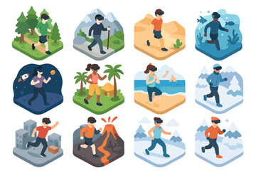 Training mountain setting vr beachside rooftop icon space fitness underwater vector run