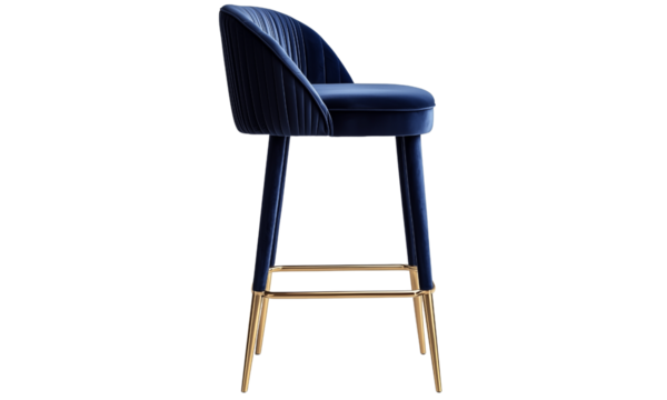 Stylish blue bar stool featuring a curved back and sleek gold legs.