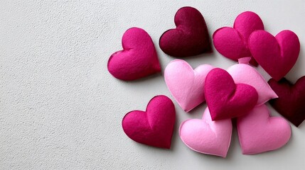 Obraz premium A collection of hearts in pink and red are arranged on a white background. Concept of love and affection, as the hearts are often associated with these emotions