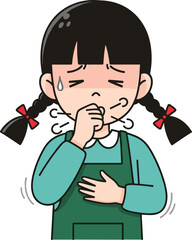 Child coughing in green apron, medical illustration of illness symptoms, respiratory health awareness, cartoon vector for pediatric healthcare content