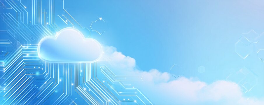 Blue technology background with a circuit board and white geometric shapes on a light blue gradient for a digital design Generative AI