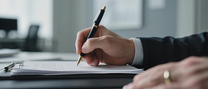 Signing Agreement, Hand with Pen, Office, Stock Photo, Corporate Workspace, Close-Up, Professional Documentation and Legal Paperwork Concept for SEO