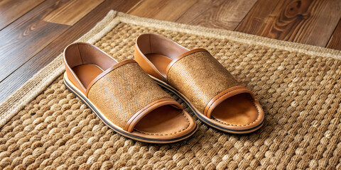 Pair of woven leather sandals on a natural fiber rug, showcasing casual summer style and comfortable footwear for indoor home decor