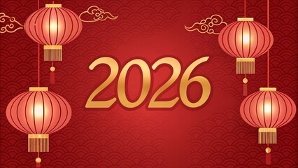 Naklejka premium Festive chinese new year greeting card with lanterns and the year two thousand and twenty six in gold