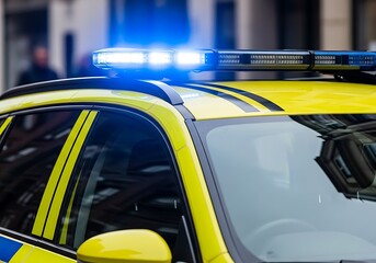 Bright blue emergency lights flash atop a yellow police car with black stripes on its side