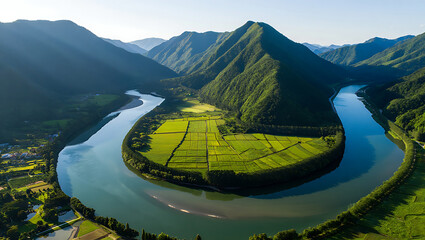 Spectacular Aerial View of River Meandering Through Lush Green Valley and Mountains Majestic River Scenery