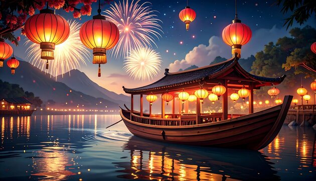 Boat Ride on River Lit by Lanterns with Fireworks Display