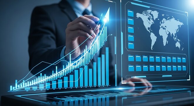 Businessman analyzing glowing blue financial charts and world map data on digital interface