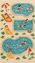 Vintage embroidered poolside scene.
