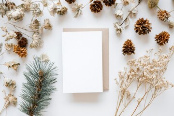 Fototapeta premium Blank Card Surrounded by Dried Flowers and Pine Cones on White Background.