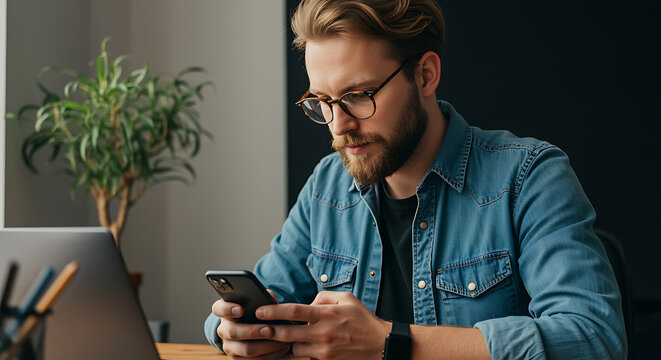 Stylish man checking messages on smartphone while working from home in his bright modern office space