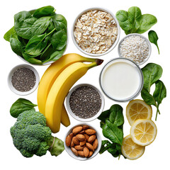 Overhead View of Healthy Food Ingredients on Black Background: Spinach, Bananas, Almonds, Chia Seeds, Lemon, Oats, Milk, and Broccoli for a Balanced Diet and Nutritious Meal Preparation