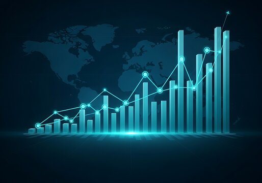 Blue glowing line graph with ascending bars and world map background chart - Powered by Adobe