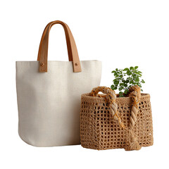 Stylish Composition of a White Canvas Tote Bag with Wooden Handles and a Woven Raffia Bag with a Green Plant on a Black Background, Showcasing Sustainable Fashion and Eco-Friendly Lifestyle Choices