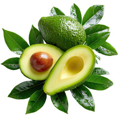 Fresh Avocado Composition: Whole and Halved Fruit with Seed, Surrounded by Vibrant Green Leaves and Water Droplets on a Clean Black Background, Showcasing Natural Beauty and Healthy Eating