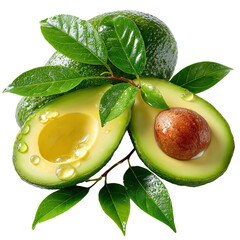 Fresh and Juicy Avocado Composition: Close-Up of Sliced Avocado with Seed, Whole Avocados, and Vibrant Green Leaves Adorned with Water Droplets on a Clean Black Background, Showcasing Natural Beauty