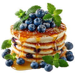 Delicious Stack of Pancakes with Fresh Blueberries, Maple Syrup, and Mint Leaves on a Black Background, Perfect for Breakfast or Brunch, Sweet Treat, Gourmet Dessert, Food Photography