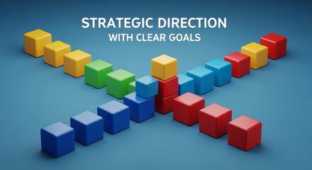Achieving Strategic Goals Through Clear Direction - Colorful blocks illustrate strategic planning, goal setting, teamwork, progress, and success. A visual metaphor for achieving objectives