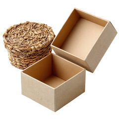 Elegant Still Life of Wicker Basket and Open Textured Gift Boxes on Black Background, Perfect for Product Mockups, Packaging Design, and Sustainable Lifestyle Concepts, Showcasing Natural Materials