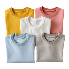 Stack of Folded Pastel Sweatshirts on Black Background, Minimalist Style Apparel, Casual Clothing in Yellow, Pink, White, Blue, and Beige Colors, Fashion and Style, Soft Fabric Texture, Top View