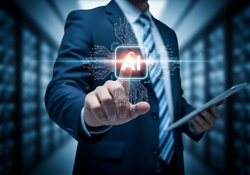 Man in suit touching AI interface with circuits and data stream in server room