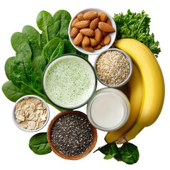 Healthy Green Smoothie Ingredients on Black Background: Spinach, Banana, Almonds, Chia Seeds, Oats, Quinoa, Parsley and Milk for a Nutritious and Delicious Vegan Drink, Top View
