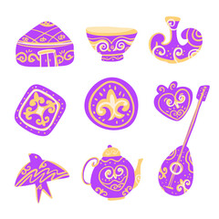 Kazakh Traditional Elements in Color – Yurt, Dombyra, Teapot and Ornaments in Purple and Yellow