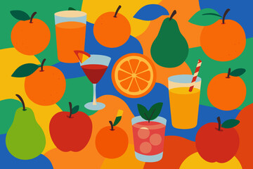 Seamless hand-drawn summer design featuring fruits, cocktails, beach scenes, and handwritten lettering set against a yellow background in vector format