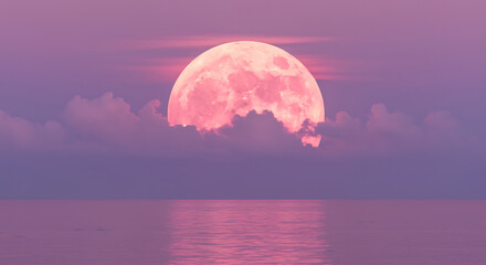 Stunning full pink moon reflecting over serene ocean waters with pastel clouds and sky at twilight