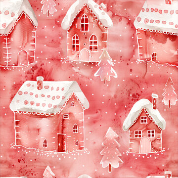 Vintage Faded Pastel Red Gingerbread Houses with Delicate White Icing - Christmas Cookie Art and Holiday Baking Design