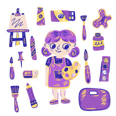 Little Artist with Painting Tools &ndash; Cute Illustration in Purple and Yellow

