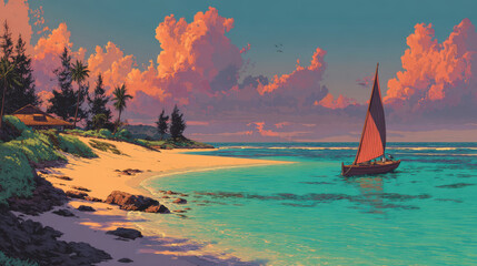 Naklejka premium Scenic tropical beach with sailboat sailing on turquoise water under colorful sunset clouds