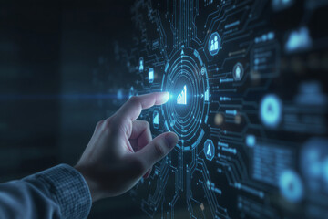 Hand interacting with futuristic digital interface displaying glowing data icons